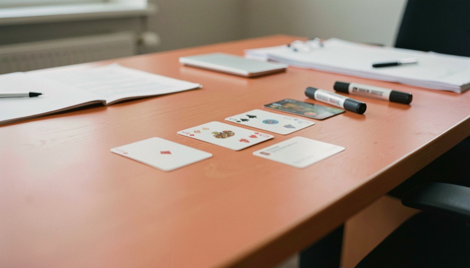 Een zakelijke redactietafel voor volwassenen met neutrale casinofiches, bronkaarten, markeerstift en warm koraalaccent, zonder logo of leesbare tekst