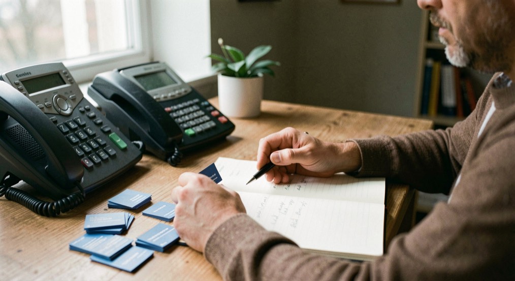 Een ordelijke betaalcontrole met telefoon, notitieboek en blauwe fiches