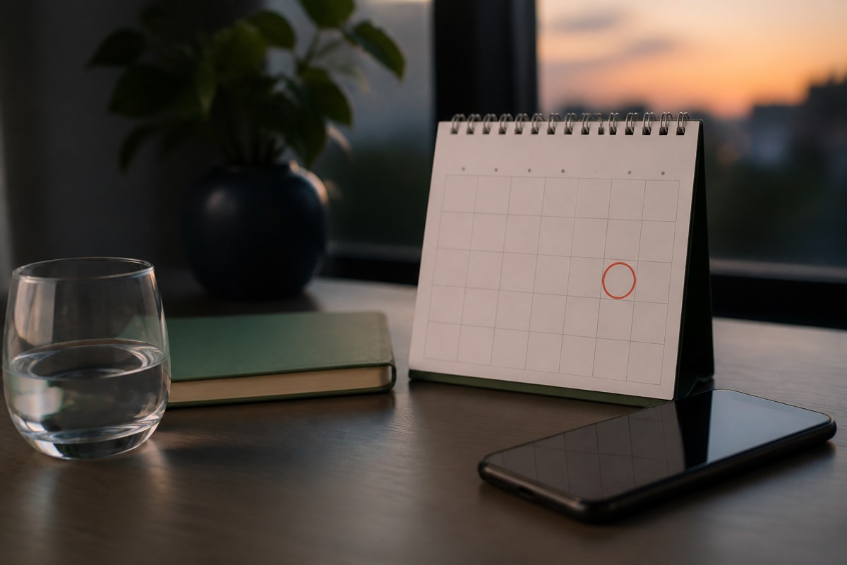 Een telefoon naast een kalender en gesloten notitieboek