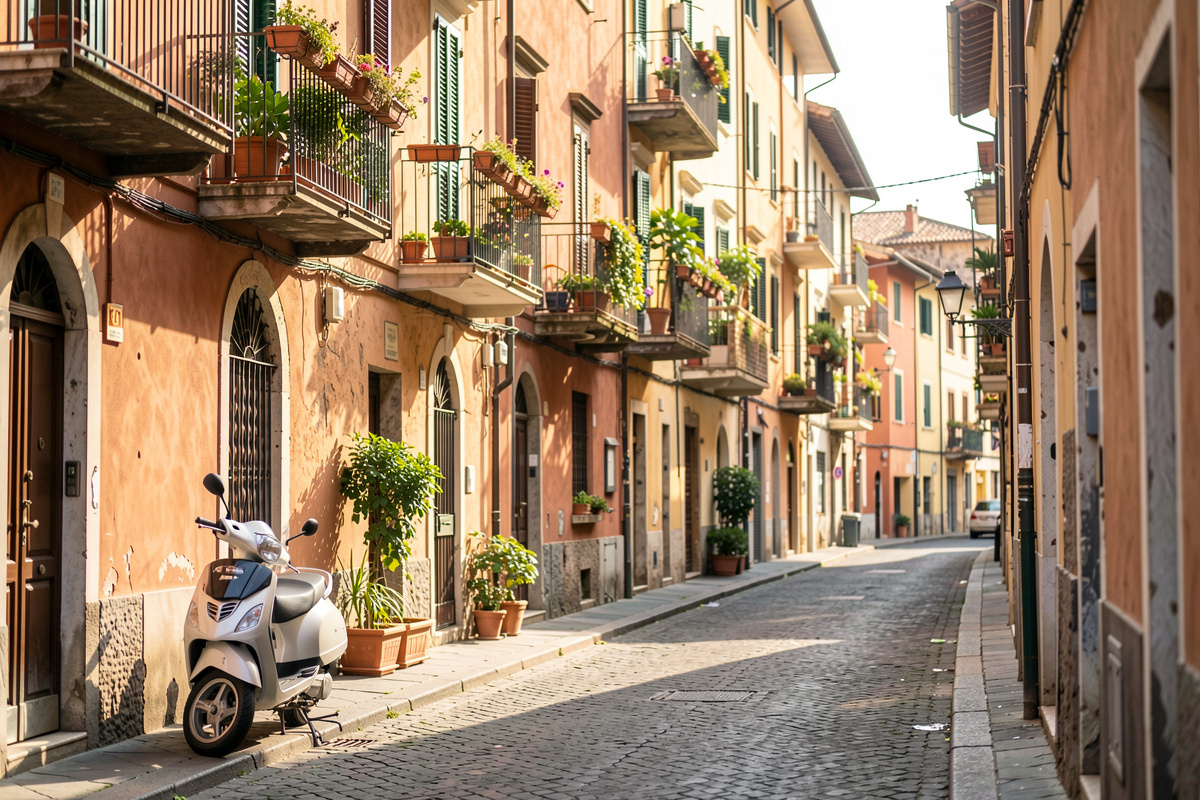 Een zonnige straat in een Romeinse woonwijk met terracotta gevels, balkons met planten en een scooter geparkeerd langs de stoep, gefotografeerd op ooghoogte in de late namiddag.