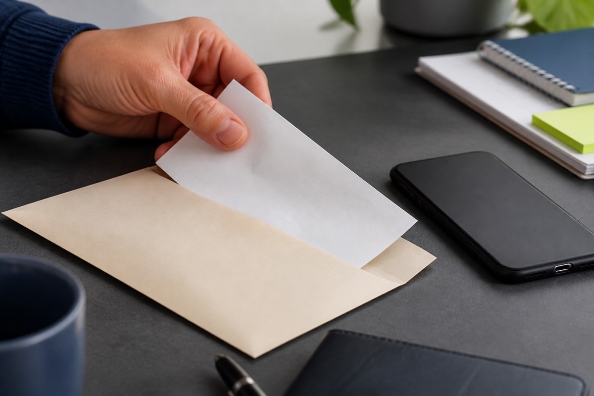 Een hand die een neutraal betalingsbewijs opbergt