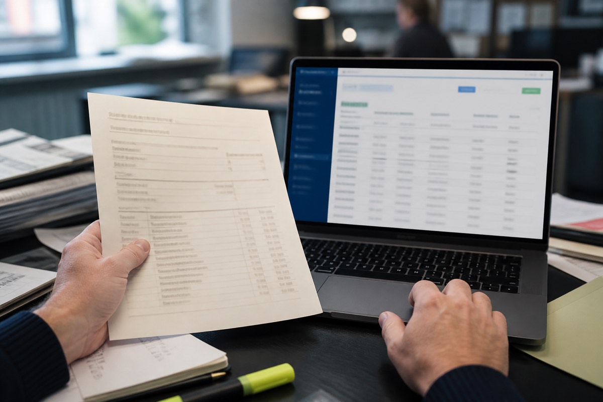 Handen die een openbaar vergunningregister vergelijken met een laptop
