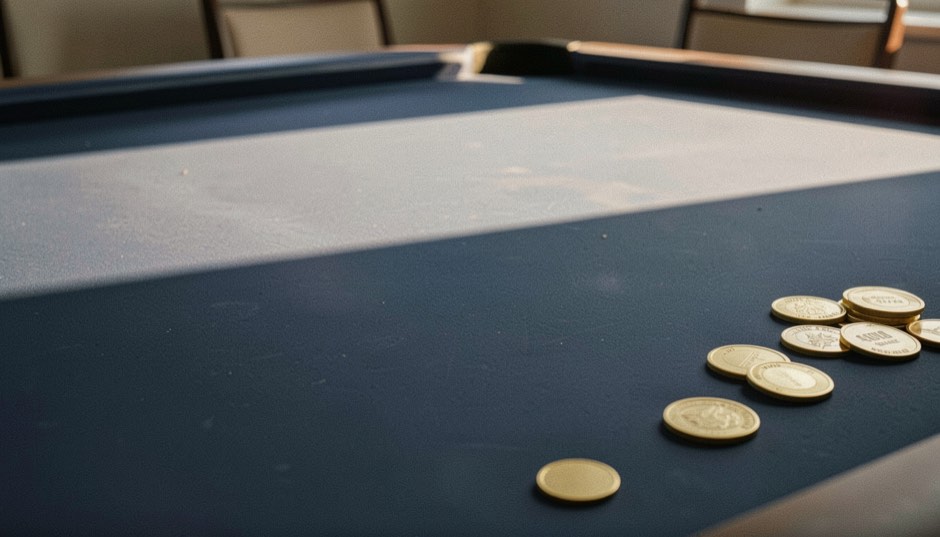 Een volledig lege donkermarineblauwe casinotafel zonder mensen, enkele gouden fiches rechts in warm avondlicht en een rustig schaduwvlak links voor een titel